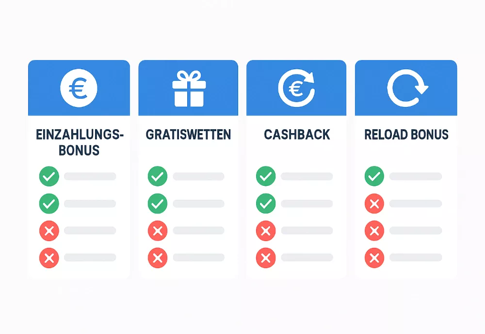 Bonusarten Vergleich - Einzahlungsbonus, Gratiswetten, Cashback und Reload-Boni im Überblick